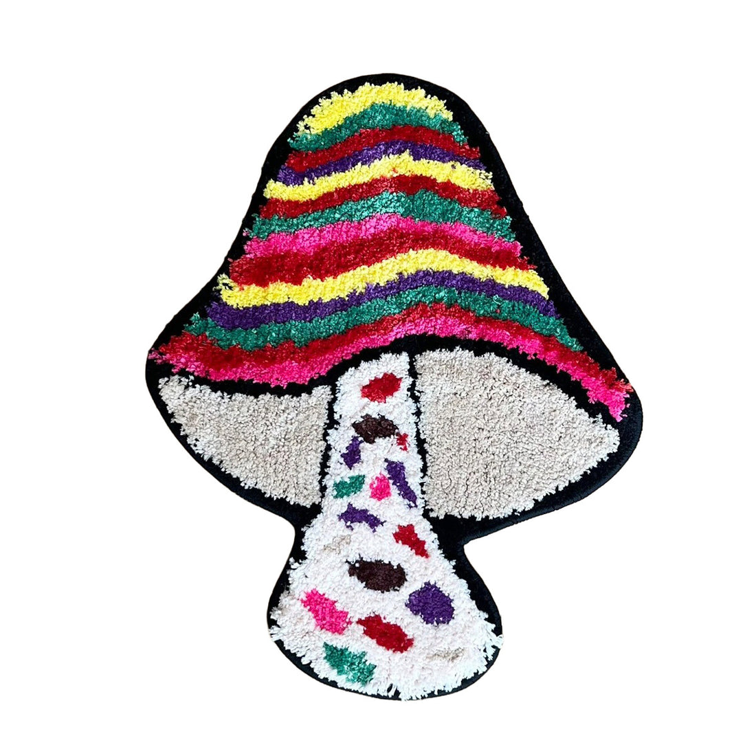 Colorful mushroom-shaped tufted rug with indie aesthetic, featuring vibrant stripes and plush texture