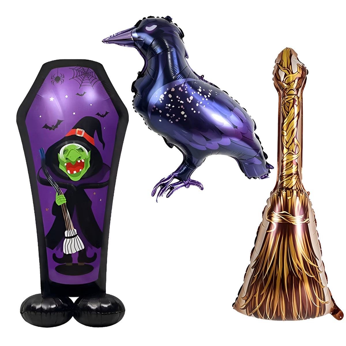 Spooky Halloween Foil Balloons Collection - Witch Coffin + Crow + Broom Set