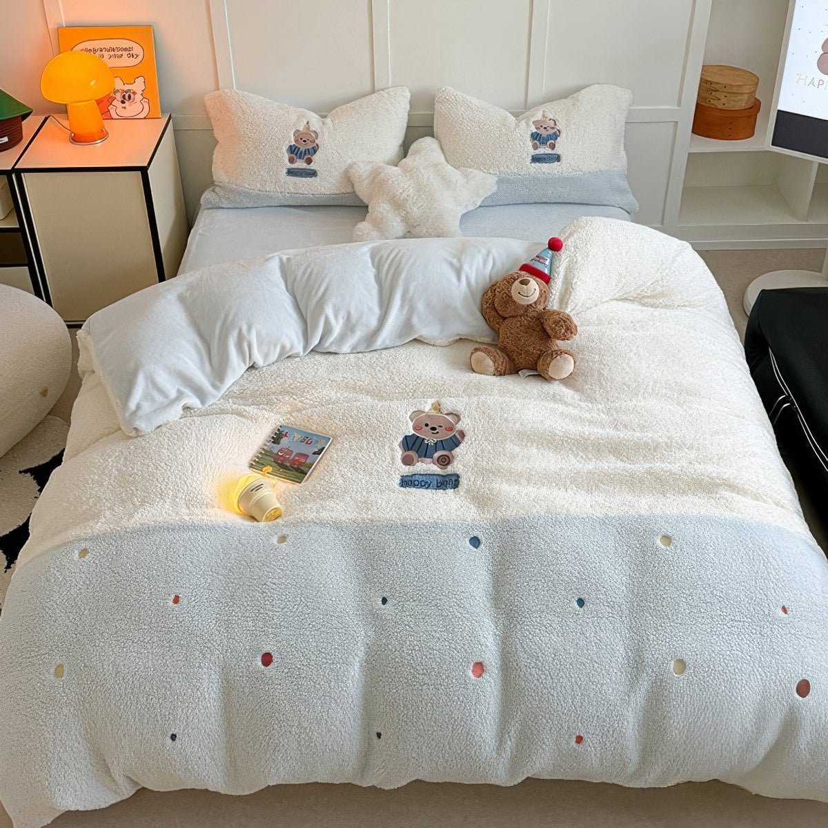 happy bear fluffy sherpa kawaii pastel blue and white bedding set with embroidered bears and colorful polka dots. 