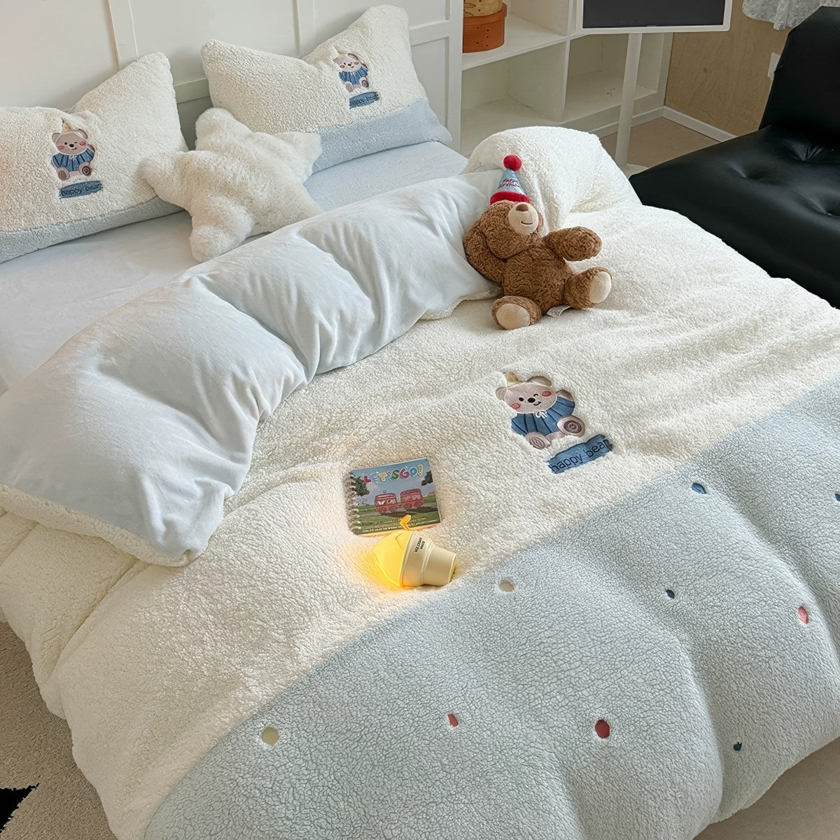 happy bear fluffy sherpa kawaii pastel blue and white bedding set with embroidered bears and colorful polka dots. 