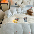 happy bear fluffy sherpa kawaii pastel blue and white bedding set with embroidered bears and colorful polka dots. 