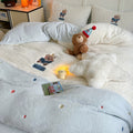 happy bear fluffy sherpa kawaii pastel blue and white bedding set with embroidered bears and colorful polka dots. 