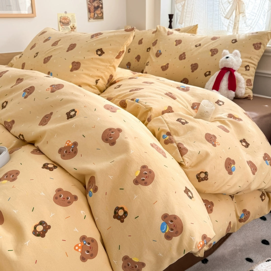 light beige and brown color bedding set with happy kids bears pattern print 