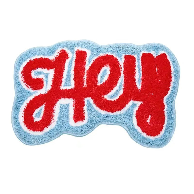 hey script fluffy tufted door mat accent rug roomtery