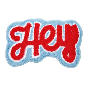 hey script fluffy tufted door mat accent rug roomtery