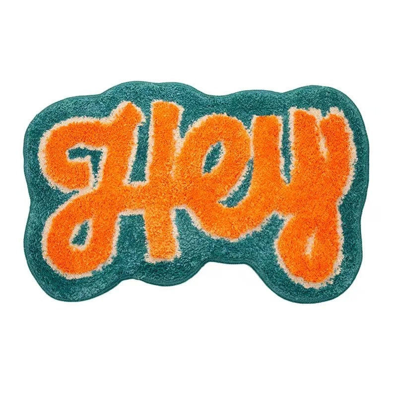 hey script fluffy tufted door mat accent rug roomtery