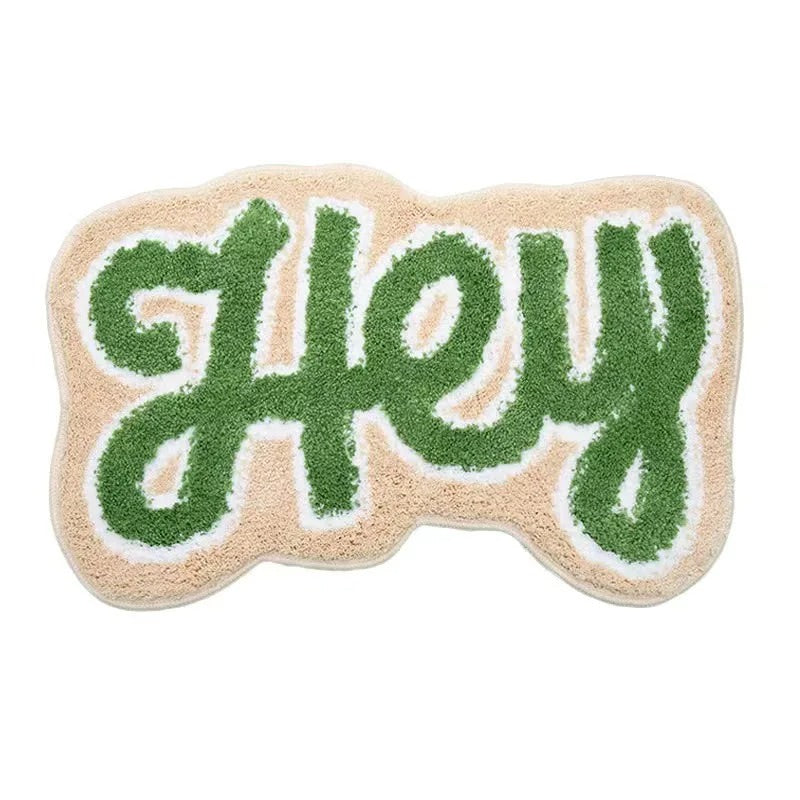 hey script fluffy tufted door mat accent rug roomtery