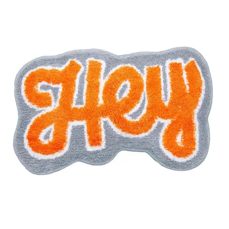 hey script fluffy tufted door mat accent rug roomtery