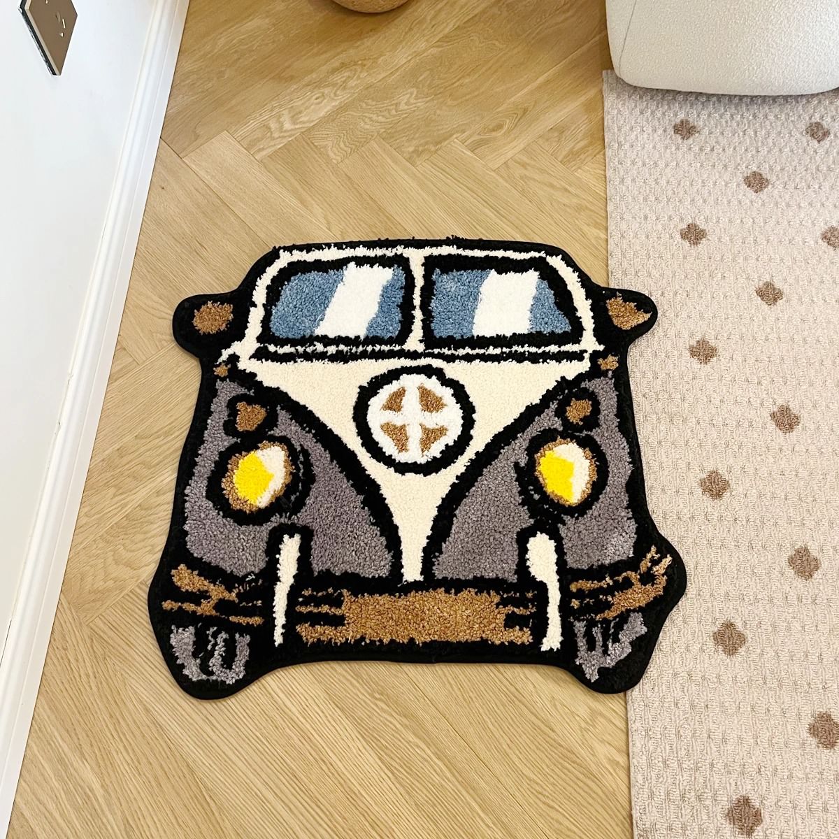 vintage hippie van shaped accent tufted rug for indie aesthetic room decor
