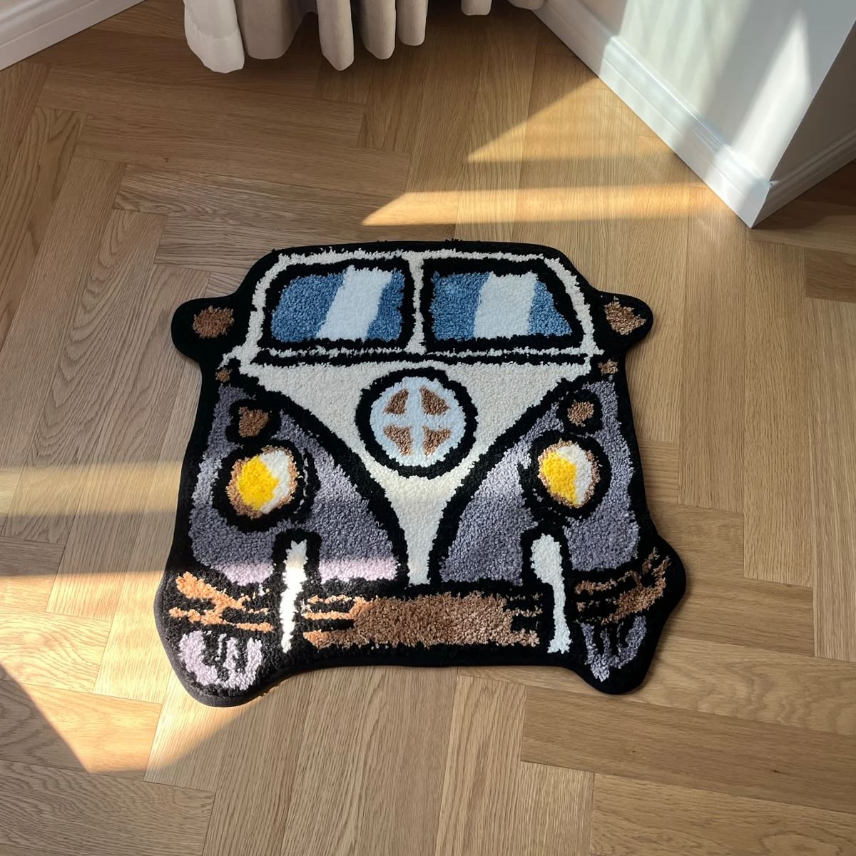 vintage hippie van shaped accent tufted rug for indie aesthetic room decor