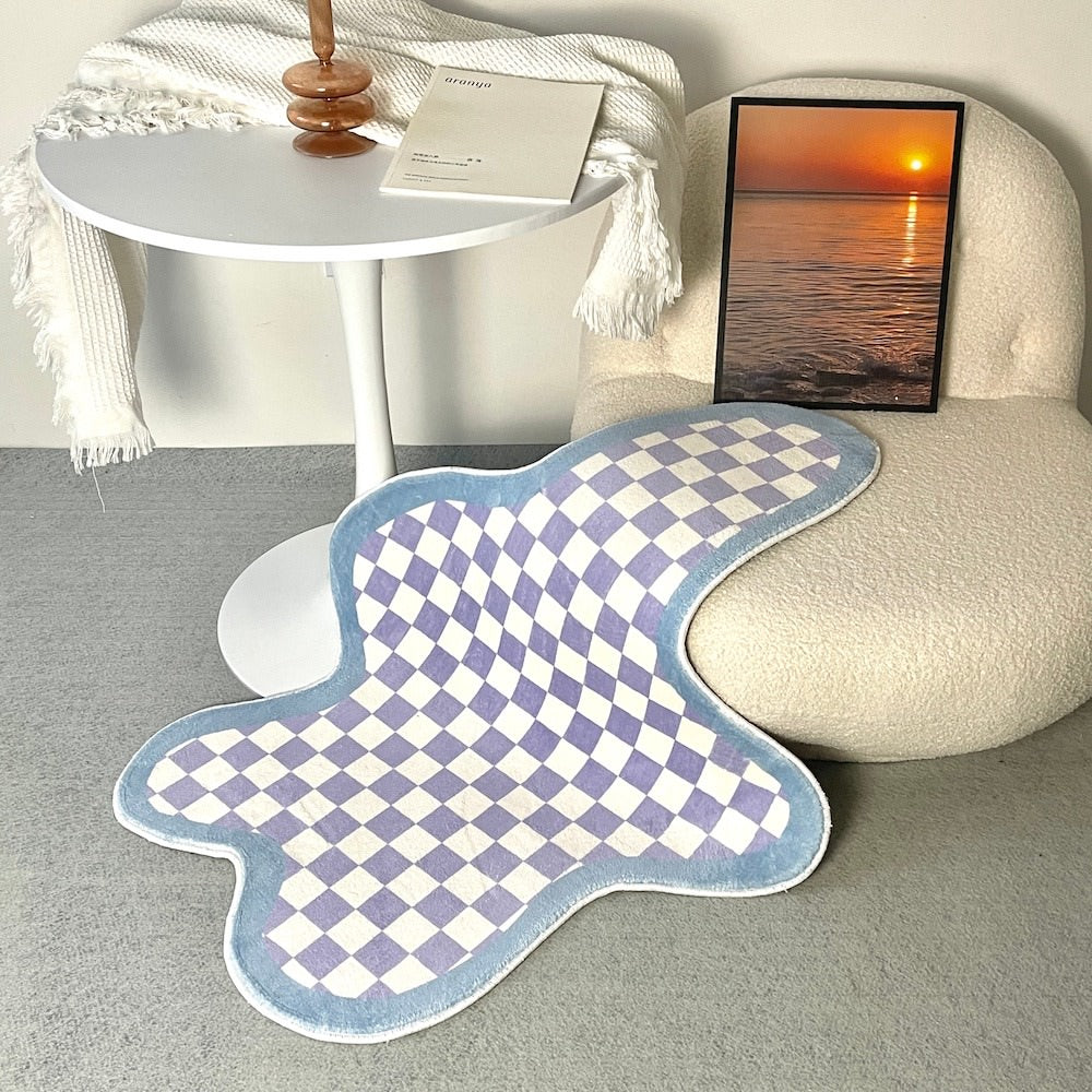 irregular blob shaped checkered pattern print accent rug