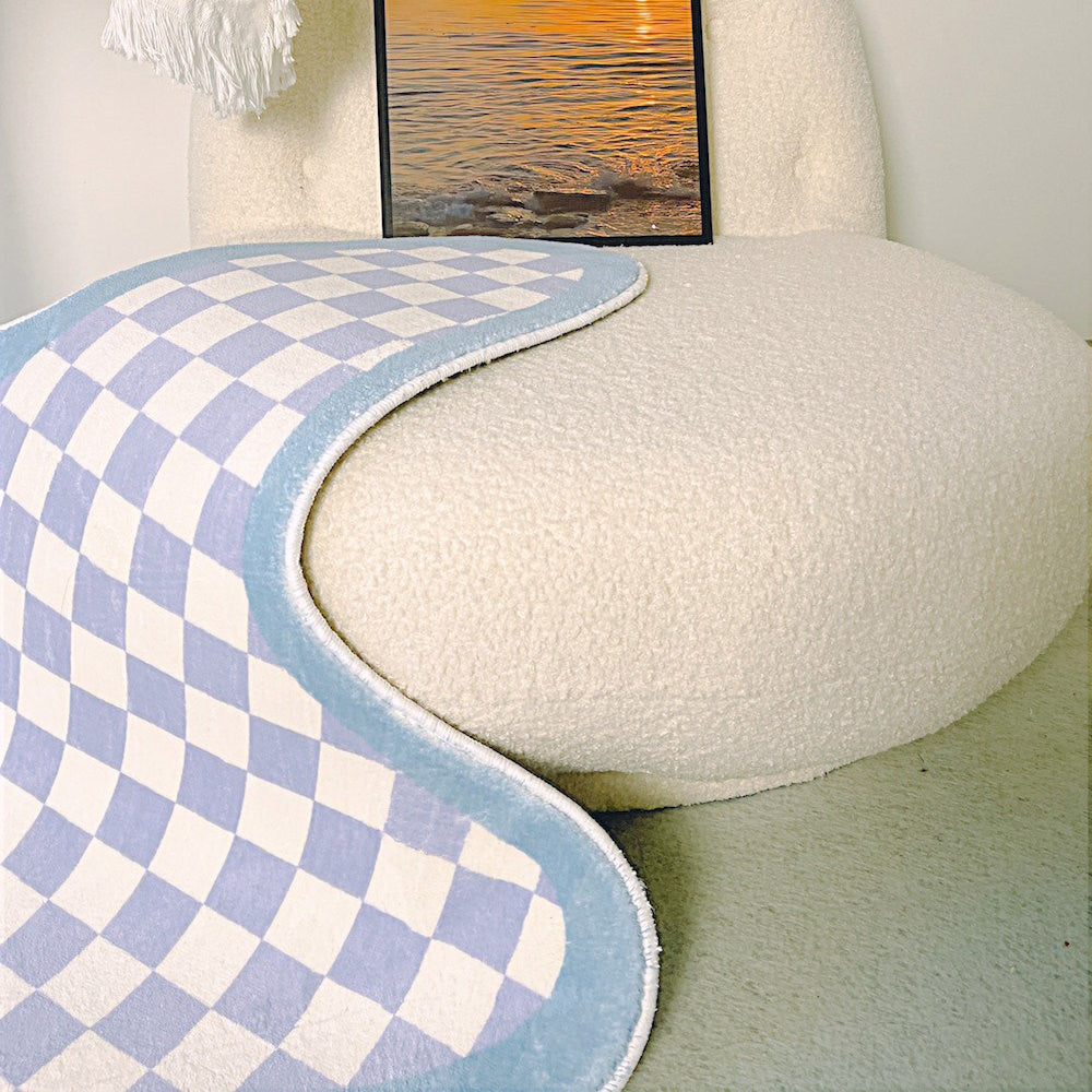 irregular blob shaped checkered pattern print accent rug