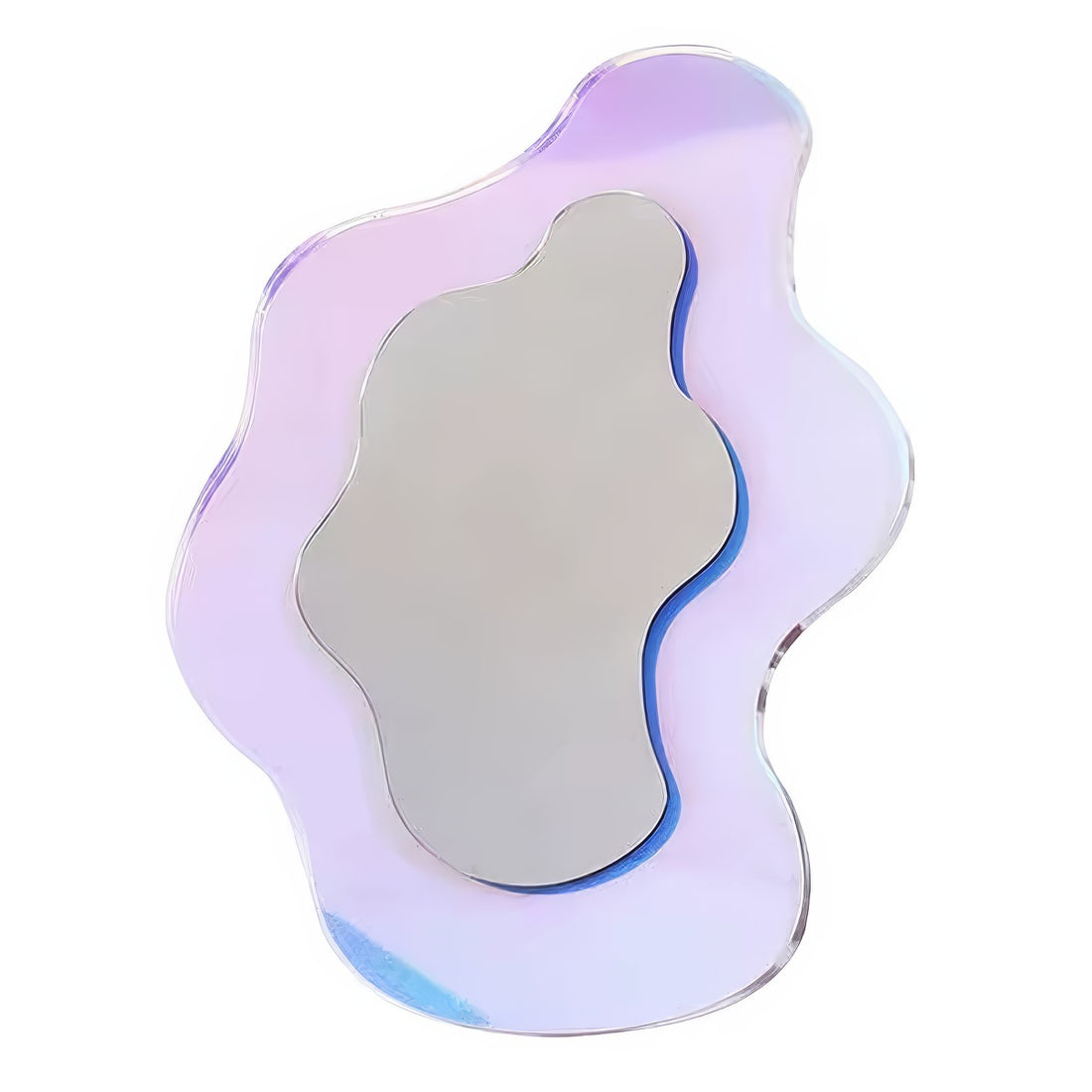 An abstract, wavy-edged acrylic mirror with a holographic iridescent finish that shifts between pink, purple, and light blue