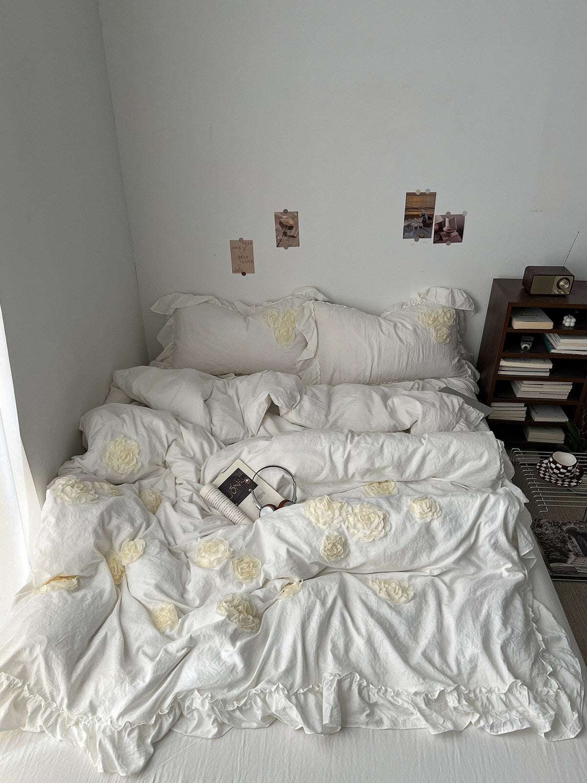 cottagecore soft girl room aesthetic bedding set with ivory rose 3d applications 