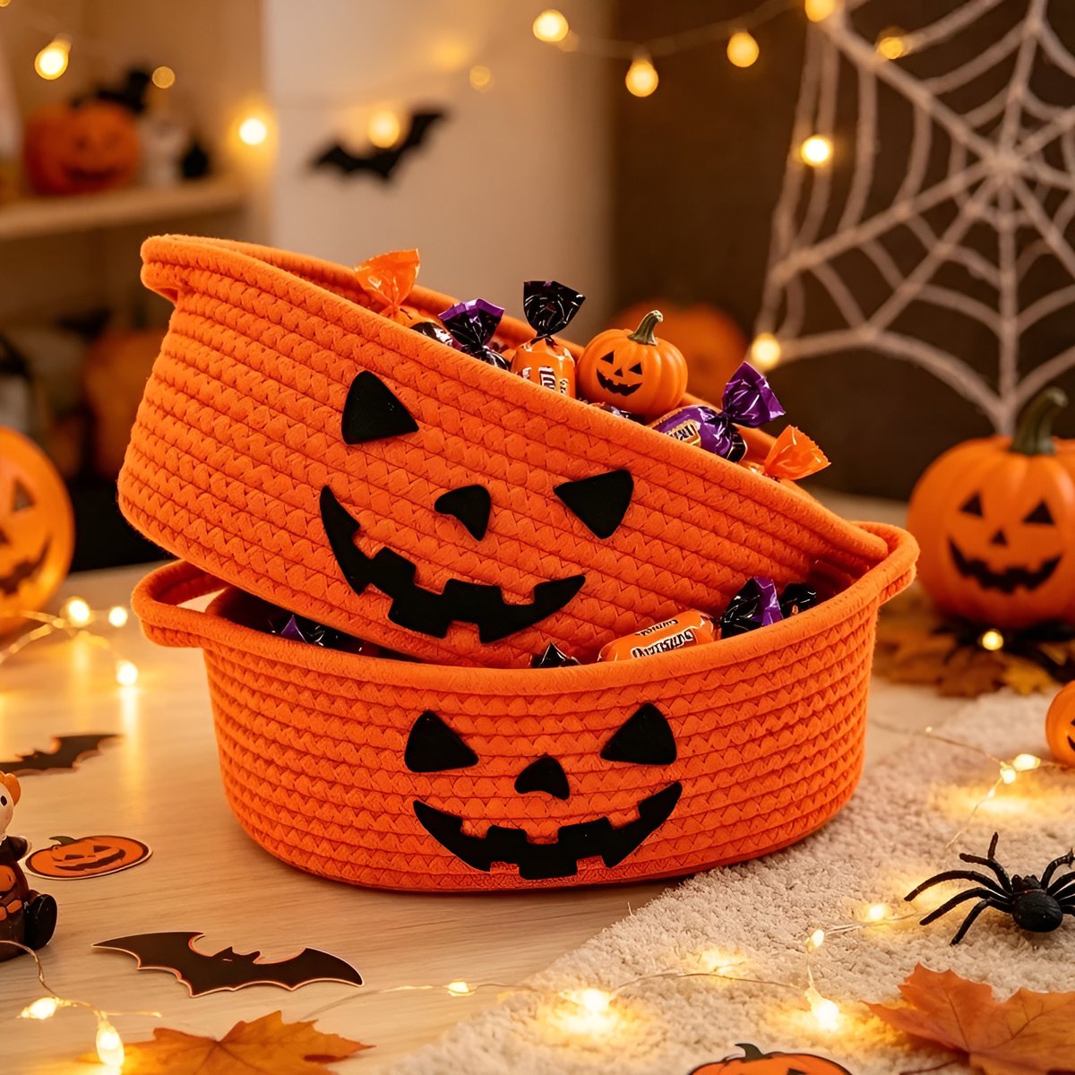 Jack-O'-Lantern Cotton Rope Basket