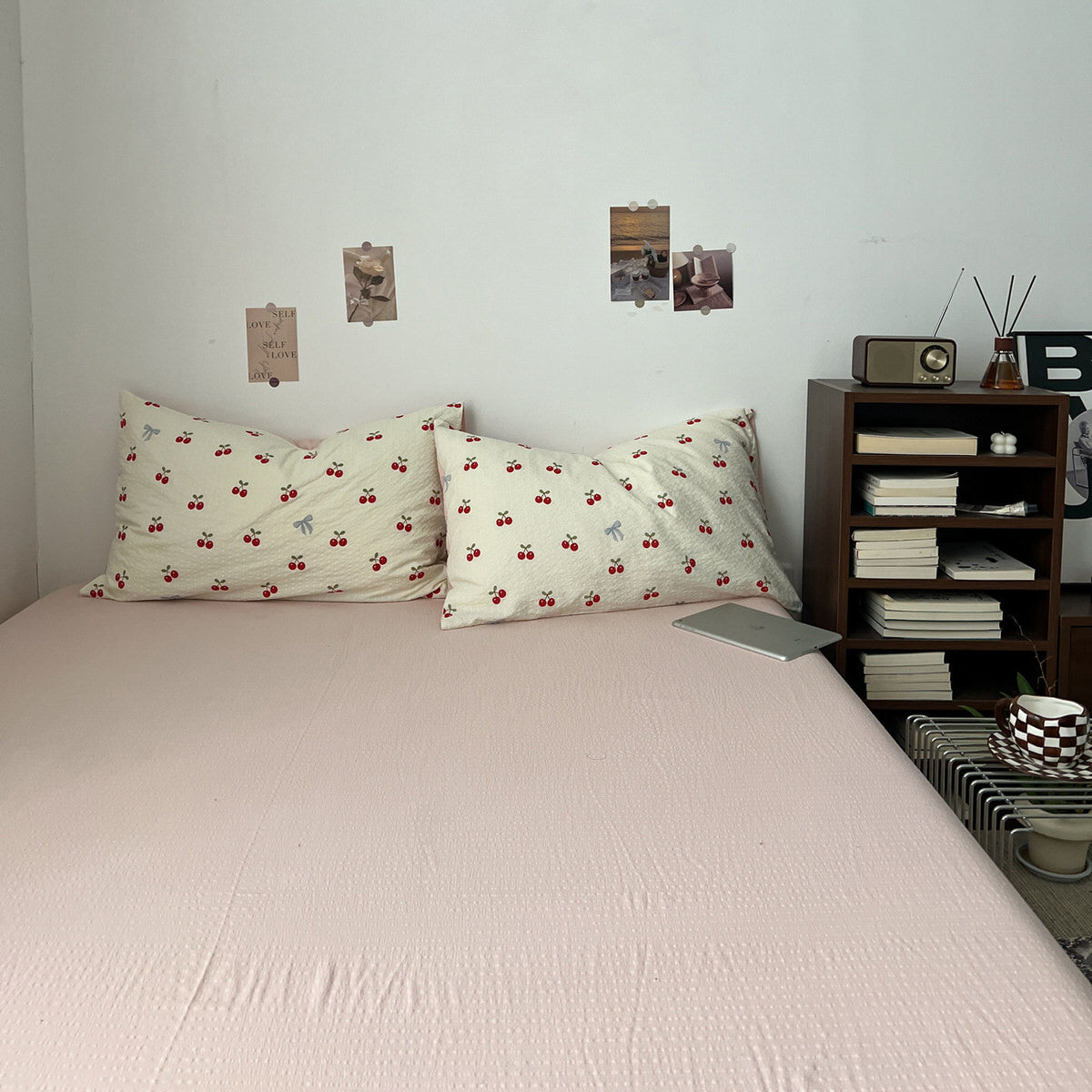soft girl aesthetic bedding set with cream base and juicy red cherries pattern print