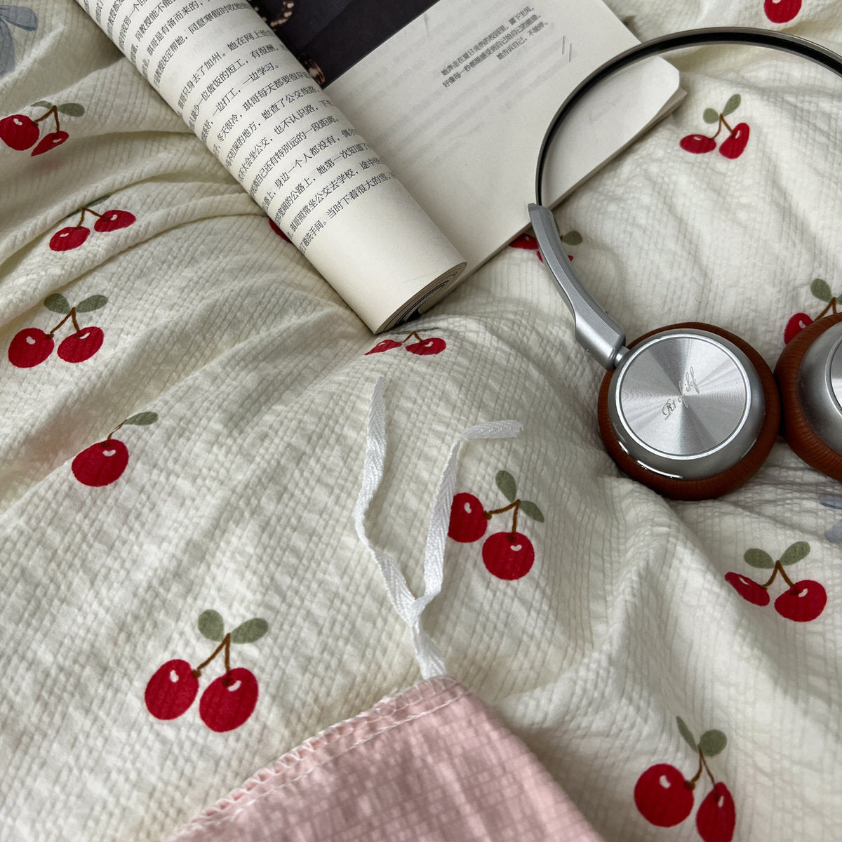 soft girl aesthetic bedding set with cream base and juicy red cherries pattern print