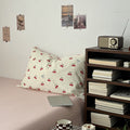 soft girl aesthetic bedding set with cream base and juicy red cherries pattern print