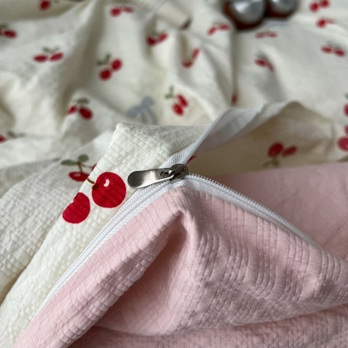 soft girl aesthetic bedding set with cream base and juicy red cherries pattern print