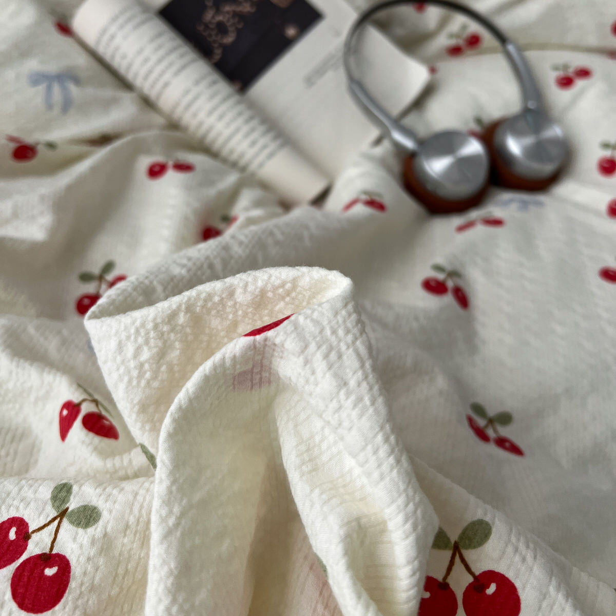 soft girl aesthetic bedding set with cream base and juicy red cherries pattern print