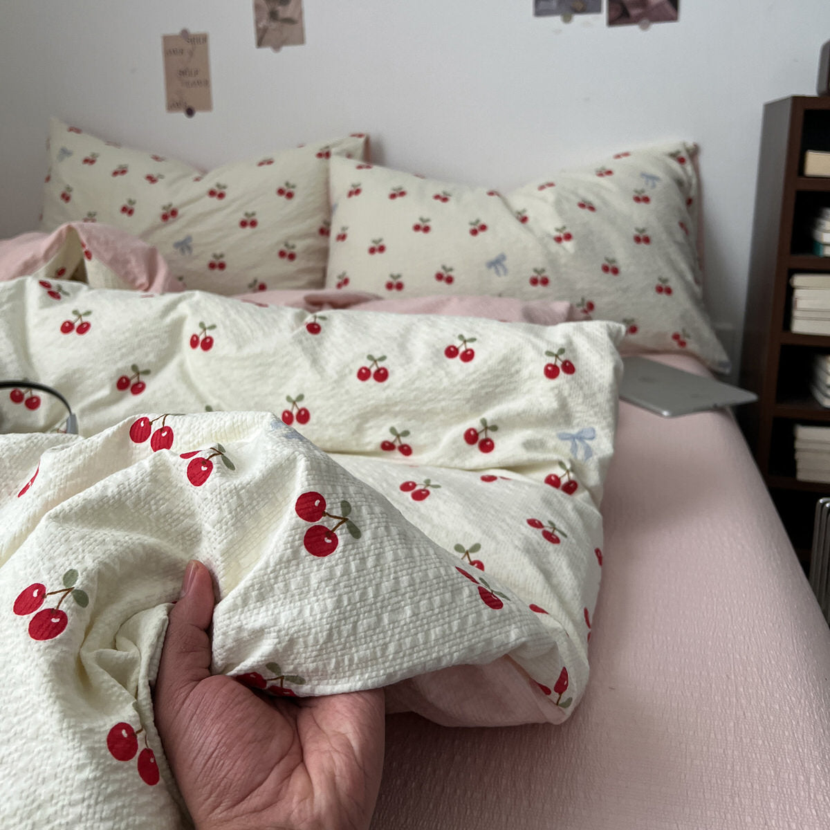 soft girl aesthetic bedding set with cream base and juicy red cherries pattern print