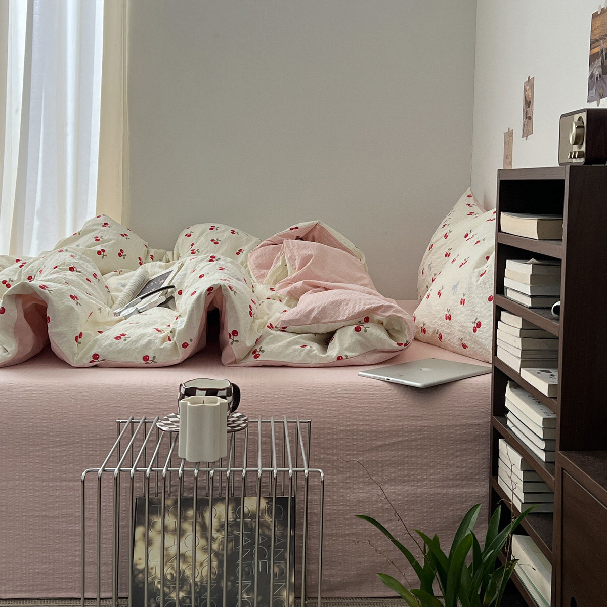 soft girl aesthetic bedding set with cream base and juicy red cherries pattern print