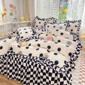 kawaii aesthetic black and white polka dot print with checkered ruffles bedding duvet cover set