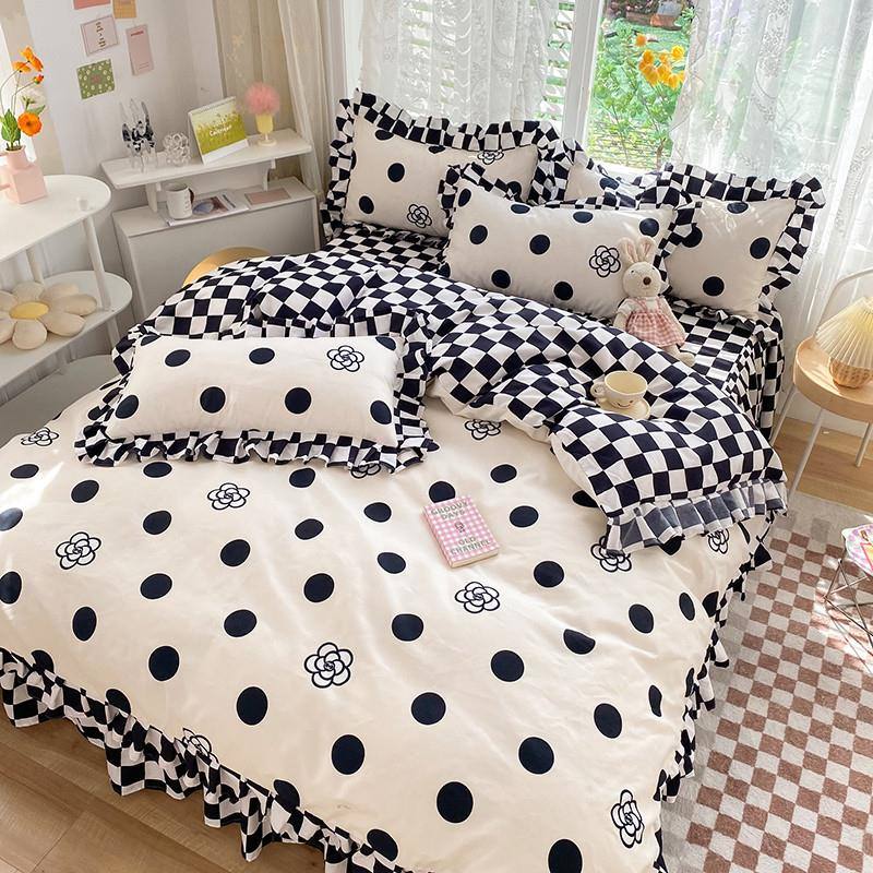 kawaii aesthetic black and white polka dot print with checkered ruffles bedding duvet cover set