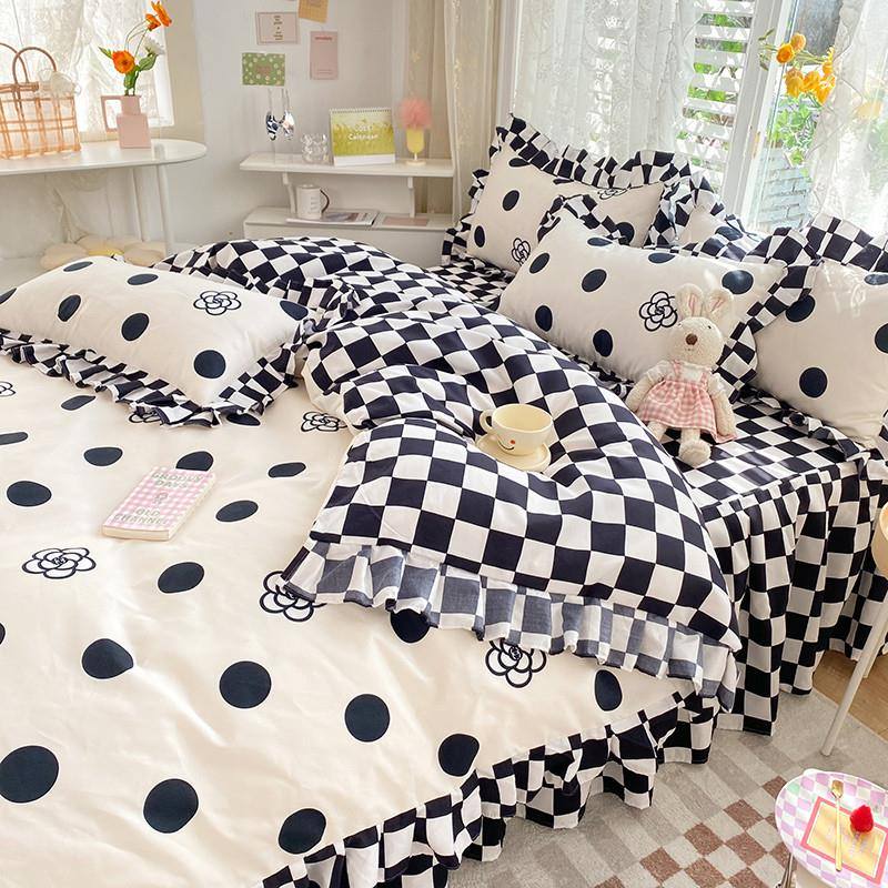 kawaii aesthetic black and white polka dot print with checkered ruffles bedding duvet cover set