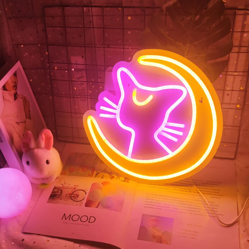 kawaii aesthetic moon cat wall neon sign roomtery