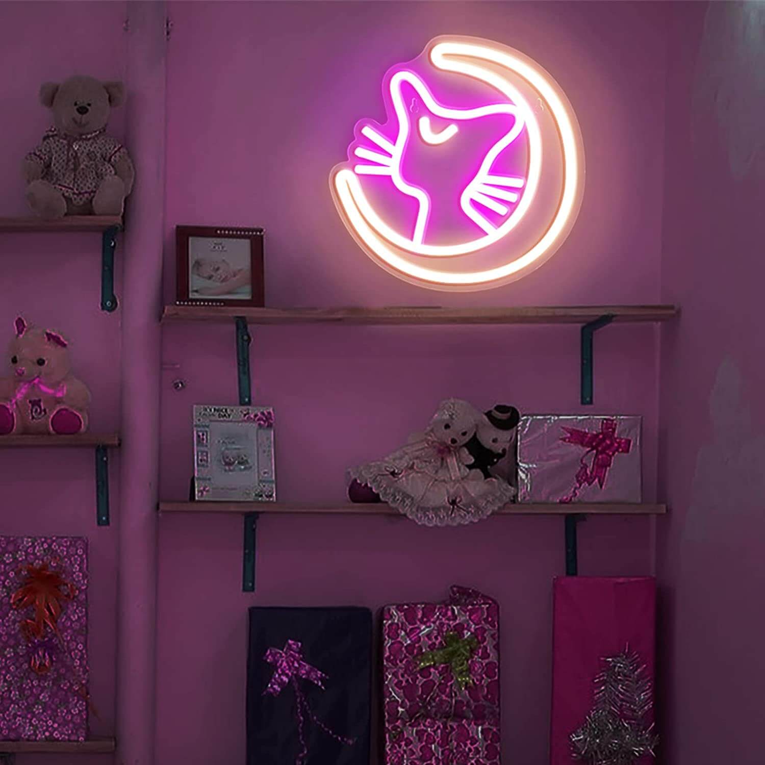 kawaii aesthetic moon cat wall neon sign roomtery