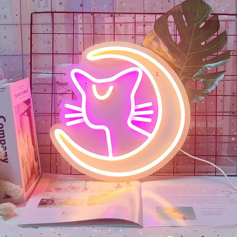 kawaii aesthetic moon cat wall neon sign roomtery