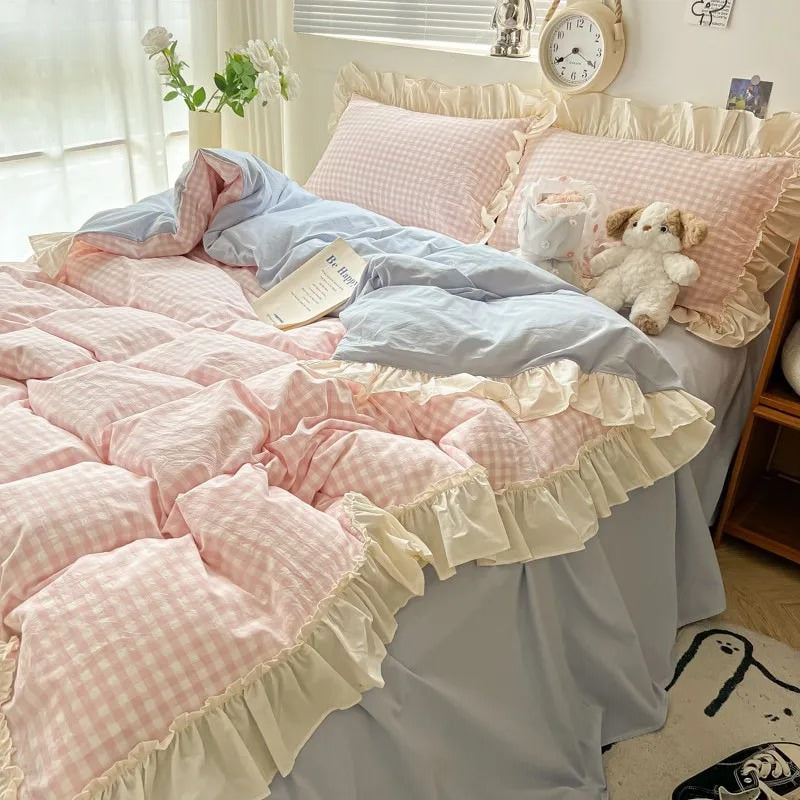 kawaii aesthetic pastel plaid ruffle duvet cover bedding set roomtery