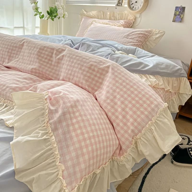 kawaii aesthetic pastel plaid ruffle duvet cover bedding set roomtery