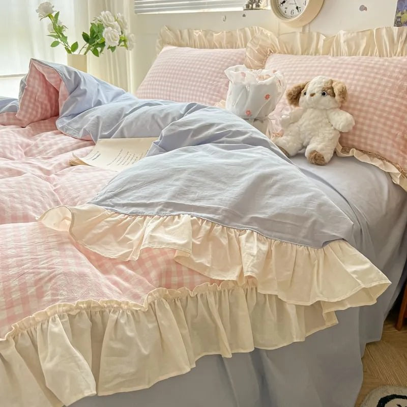 Kawaii Pastel Plaid Ruffle Bedding Set - roomtery