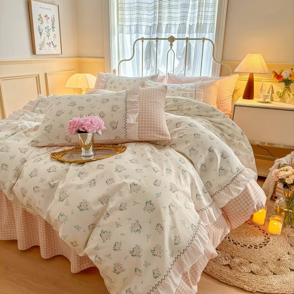 kawaii grandmacore pastel pink plaid gingham print bedding duvet cover set with ruffled laces 