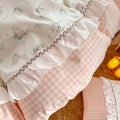 kawaii grandmacore pastel pink plaid gingham print bedding duvet cover set with ruffled laces 