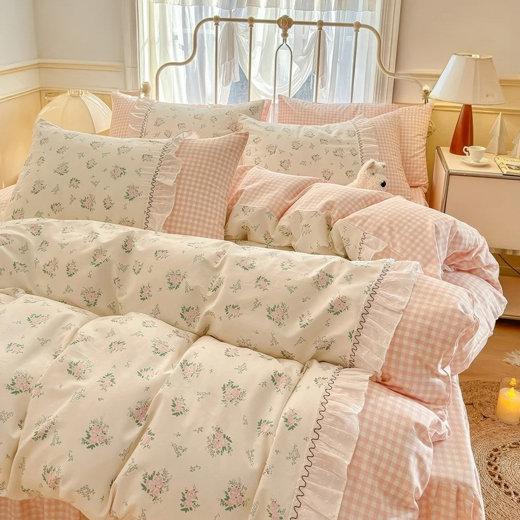 kawaii grandmacore pastel pink plaid gingham print bedding duvet cover set with ruffled laces 