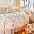 kawaii grandmacore pastel pink plaid gingham print bedding duvet cover set with ruffled laces 