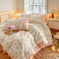 kawaii grandmacore pastel pink plaid gingham print bedding duvet cover set with ruffled laces 