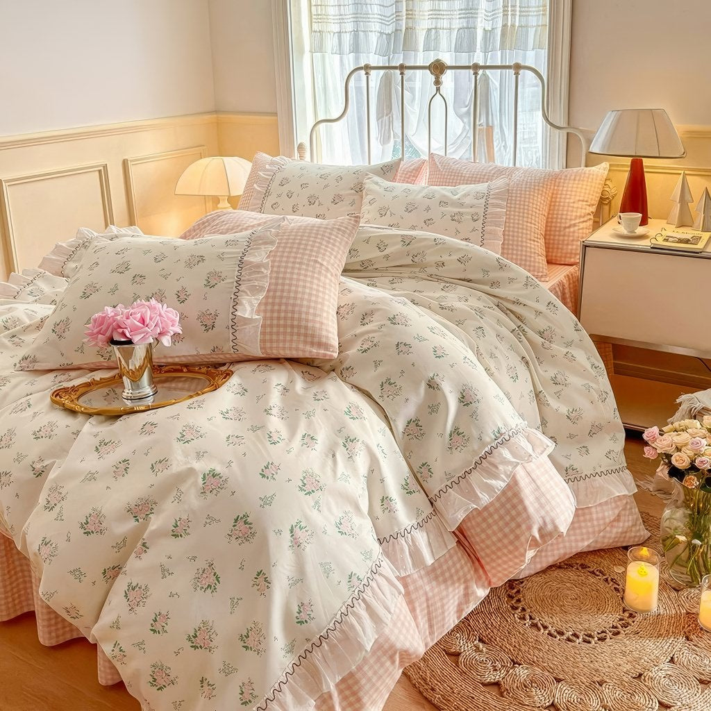 kawaii grandmacore pastel pink plaid gingham print bedding duvet cover set with ruffled laces 