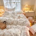 kawaii grandmacore pastel pink plaid gingham print bedding duvet cover set with ruffled laces 