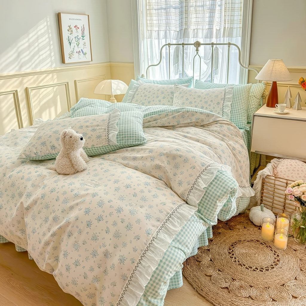 kawaii grandmacore pastel blue plaid gingham print bedding duvet cover set with ruffled laces 