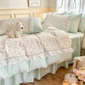 kawaii grandmacore pastel blue plaid gingham print bedding duvet cover set with ruffled laces 