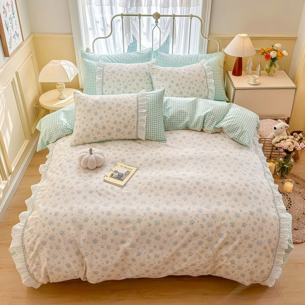 kawaii grandmacore pastel blue plaid gingham print bedding duvet cover set with ruffled laces 