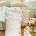 kawaii grandmacore pastel blue plaid gingham print bedding duvet cover set with ruffled laces 