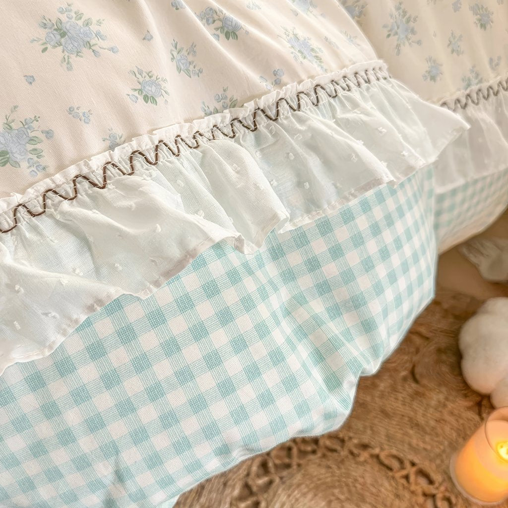 kawaii grandmacore pastel blue plaid gingham print bedding duvet cover set with ruffled laces 