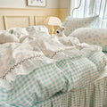 kawaii grandmacore pastel blue plaid gingham print bedding duvet cover set with ruffled laces 