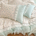 kawaii grandmacore pastel blue plaid gingham print bedding duvet cover set with ruffled laces 