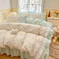 kawaii grandmacore pastel blue plaid gingham print bedding duvet cover set with ruffled laces 